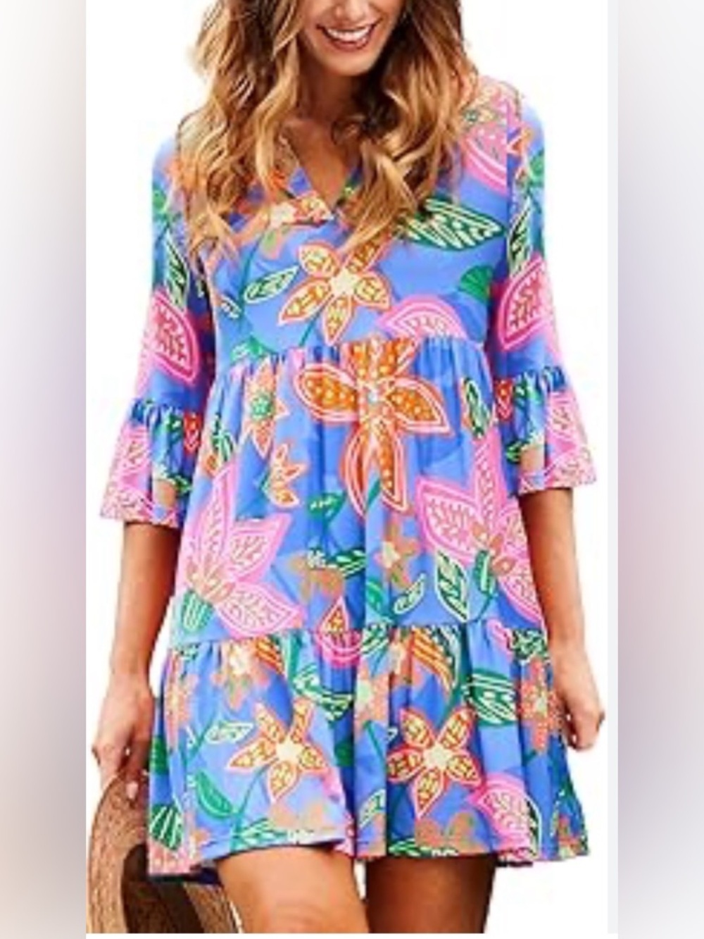 Mary Square Woman’s Boho chic Vibrant Blue Floral Long Sleeve Babydoll Dress